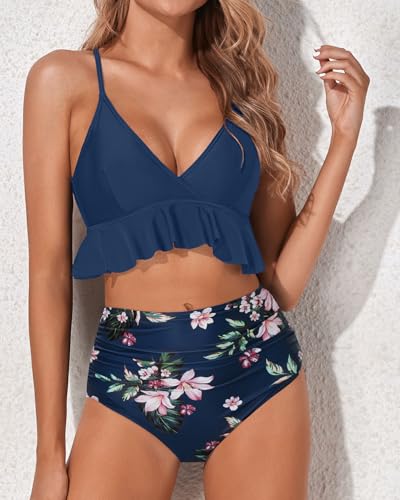 Image of Women Ruffle Bikini Set High Waisted Tummy Control Two Piece Swimsuits | Ruffle,High Waisted,Tummy Control,Removable Bra Pads,Adjustable Shoulder Straps,Full Coverage