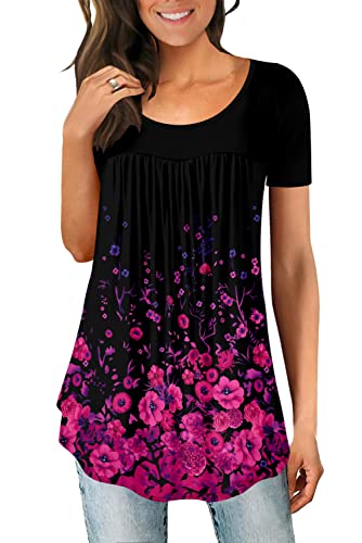 Magritta Womens Summer Shirt Plus Size T-Shirt Tunic Tops to Wear with Leggings Short Sleeve Floral Printed Plain Blouses Black Rose X-Large