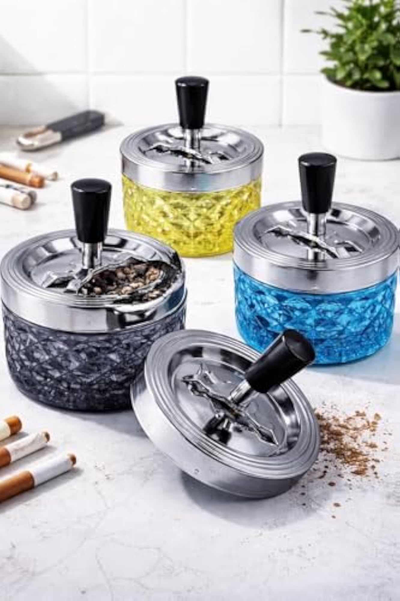 Round Push Down Glass Ashtray with Spinning Tray