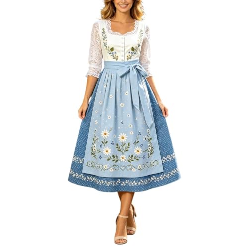 Dirndl Damen Oktoberfest Outfit Bayerisches Volksfest Trägerkleid Locker Ärmelloses Midikleid mit Knöpfen Hoher Taille A-Linien Trachtenkleid mit Gürtel Vintage Trachtenmode für Volksfest Partykleid