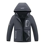 BuyiRen Boys Girls Windbreakers Jacket Rain Jackets Hooded Raincoat Fleece Lined Rain Coats for Kids, Grey, 10-11 Years