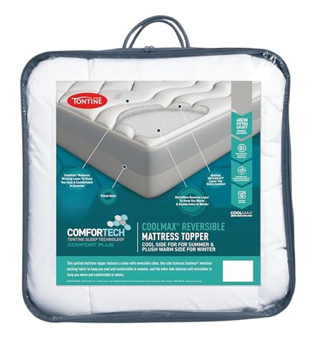 Tontine Comfortech Reversible Coolmax Mattress Topper – Dual Sided with Cooling Summer Side & Warm Winter Side – Ultrafibre Fill with Anti-Bacterial Protection – 40–50cm Fitted Skirt – King Bed