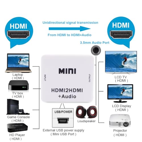 Image of Mini HDMI2HDMI Audio HD Converter, 1080P HDMI-Compatible Audio Extractor Adapter switcher for PC Laptop HDTV (HDMI to HDMI + Audio)
