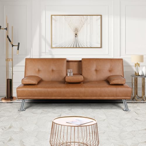 Yaheetech 3er-Sofa Schlafsofa Couch mit Tassenhalter Gästebett, Rückenlehne neigbar 105°/140°/180°, 167 x 81,5 x 75 cm, 350 KG belastbar, braun Kunstleder – Bild 3