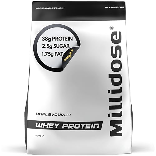 Millidose 1kg unflavoured Protein Powder - unflavoured whey Protein Powder Perfect for a high Protein Shake or Snack - whey Nutrition for Building Muscle - 38g of Protein per Serving