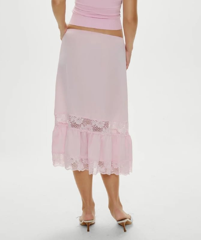 Women Silk Satin Half Slip Long Skirts Lace Patchwork Elastic Waist Long Skirt Elegant Silky Flowy A Line Midi Skirts - Image 2
