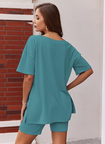 Image of Ekouaer Womens Pajamas 2 Piece Lounge Sets Oversized V Neck T-Shirts Tops Biker Shorts Set Workout Reversible Tracksuit S-XXL