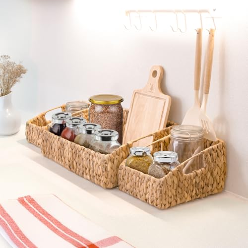 Image of KOKODO Rectangular Wicker Storage Baskets for Shelves, Set of 3 Water Hyacinth Woven Bins with Handles, Open Front Pantry Shelf Organizer for Closet, Bedroom, Boho Decorative, Natural