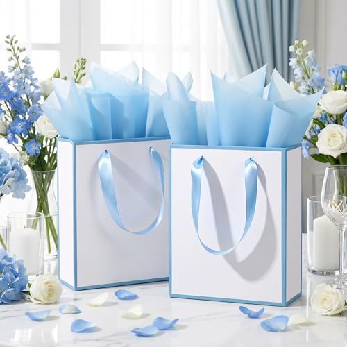 Image of Yeaqee 24 Pack Metallic Paper Gift Bags, White, Blue