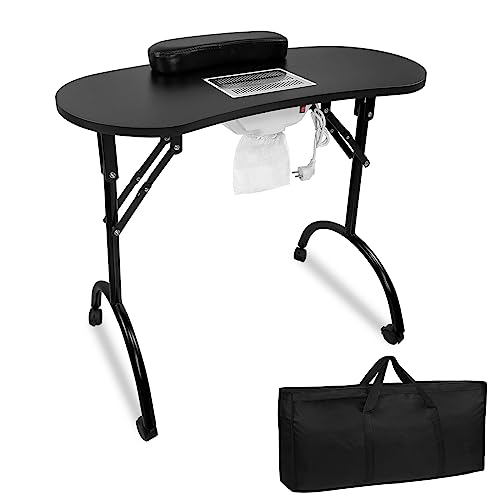 UISEBRT Mesa de manicura plegable con aspiración Mesa de uñas portátil Mesa de manicura portátil con ruedas Mesa de manicura móvil, color negro