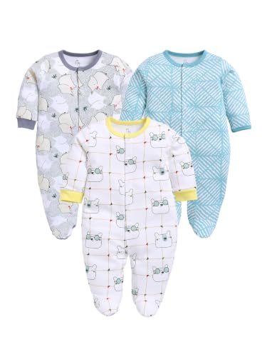 Image of BABY GO Baby Sleepsuit Pack of 3 | 100% Cotton Full Sleeve Footed Romper for Newborn Baby Boys & Girls | Front Open Snap Button Onesie Jumpsuit | Soft Breathable Nightwear