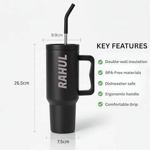 Image of Speedex 1200 ml Customized Name Insulated Stainless Steel Tumbler with Handle, Straw & Cleaning Brush, Personalized Sipper Bottle, Double Wall Leakproof Travel Mug Gift (Black, 1.2 l)