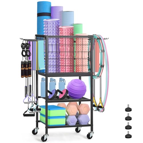 CADUKE Dumbbell Rack & Stand, Yoga Mat Storage with Hooks and Wheels, Home Gym Weight Rack for Dumbbells, Kettlebells, Yoga Mat, Yoga Block, Foam Roller and Resistance Band