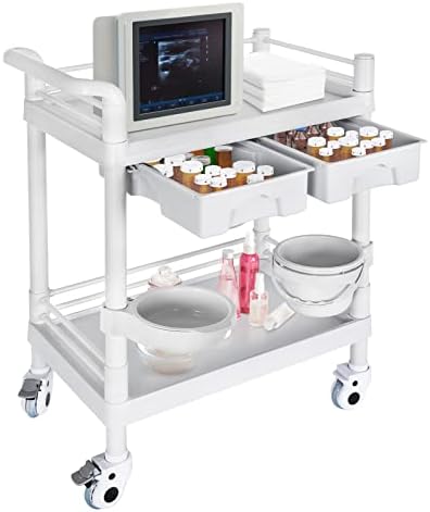 Medical Mobile Trolley Cart 2-Shelf 330 LBS Max Load Rolling Utility Cart Heavy Duty Beauty Salon Storage Cart with Drawers Dirt Buckets Rotate Wheels 2 Brake for Hospital Dental Clinic Home