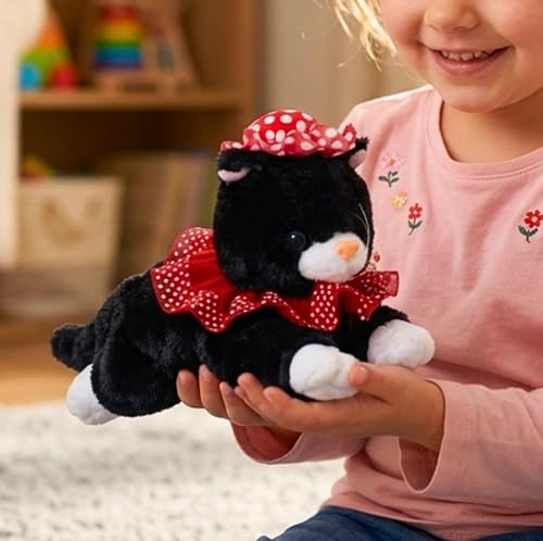 Image of Tickles Soft Stuffed Plush Animal Laying Cat Wearing Dress & Hat Toy for Kids Room (Color: Black Size: 20 cm)