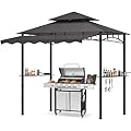 TITIMO 8'x 8' x 7.8' Double Tiered Grill Gazebo with Side Awning,Outdoor Patio BBQ Pergola, Heavy-Duty Metal Frame Canopy Tent with Side Shelves,Hooks,Bottle Opener for Lawn Deck and Garden (Gray)