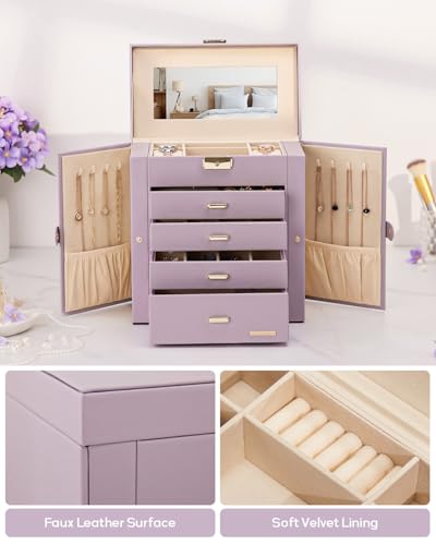 Homde Christmas Gifts Synthetic Leather Huge Jewelry Box Mirrored Watch Organizer Necklace Ring Earring Storage Lockable Gift Case (Grey Purple + Gold)