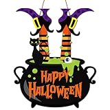 Halloween Witch Door Sign Happy Halloween Wooden Sign Plaque Witch Leg Front Door Hanging Decor Wood Welcome Signs for Home Farmhouse Hanger Porch Wall Decor Witches Party Supplies