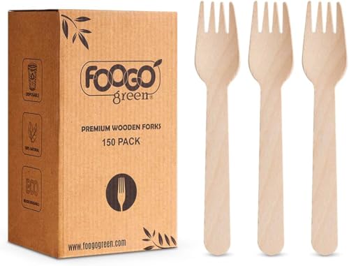FOOGO Green 150pcs Disposable Wooden Forks, FSC® Certified, 16cm, Biodegradable Compostable, Eco Friendly, Wedding Picnic Party Camping Catering, Like Bamboo Cutlery Set