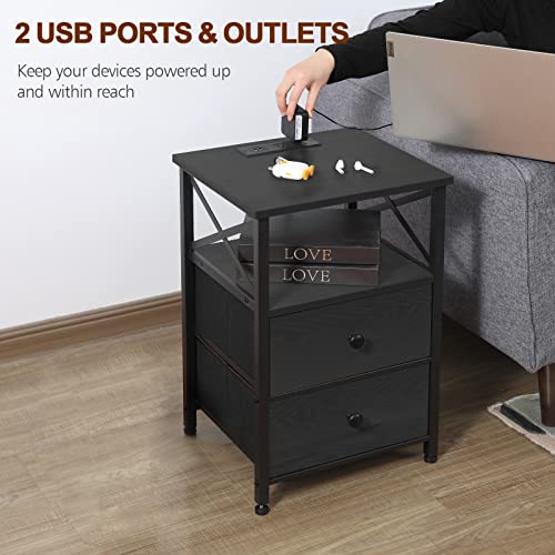 Amhancible Black Nightstands Set Of 2 With Charging Station, End Tables Living Room With 2 Usb Ports And 2 Outlets, Side Tables Bedroom With 2 Drawers Het05Xbk #TOP4