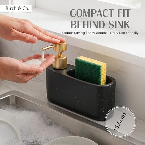 Image of Birch & Co. Kitchen Sink Caddy with 350ml Soap Dispenser, Sponge Holder & Scrubber Storage, Premium Ceramic Dish Soap Dispenser for Kitchen Countertop, Anti-Slip Base, BlackSpeckle