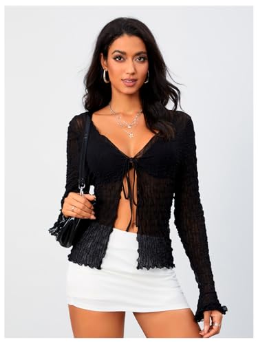 Milumia Women's Y2K Textured Lettuce Trim Tie Front Cardigan Long Sleeve Sheer Shrug Top Cover Ups4