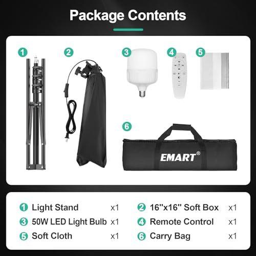 Image of EMART Softbox Photography Lighting Kit, 16 inchx16 inch Pull Soft Box, 50W 3000K-6000K LED Bulb with Remote /APP Control, Professional Photoshoot Equipment for Studio Lights, Portrait, Video Recording(1 Pack)