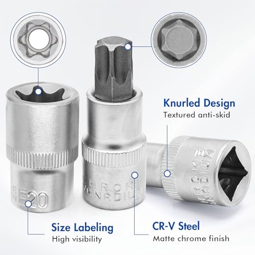 Miniatura 3 de Dakcos Juego De 19 Piezas De Llaves De Vaso Torx Y Hexagonales Externas, 1 2 Pulgadas, Cr-V, E10-E24 Y T20-T70, Con Maletín De Almacenamiento