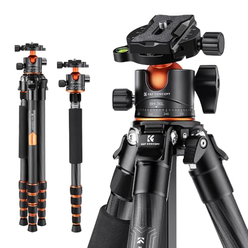 K&F Concept 62' Carbon Fiber Camera Tripod,Portable Compact Tripods with Detachable Monopod,360° Metal Ball Head 15KG/33lbs Load Capacity with Quick Release Plate for Travel and Work A255C2+BH-36L