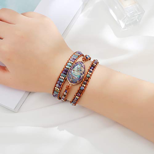 Image of Plumiss Women Boho Handmade Natural Stone Crystal Leather Bead Wrap Bracelets Collection