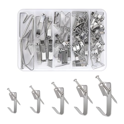 Image of Silver Picture Hangers, 136 PCS Heavy Duty Picture Hanging Hooks with Nails on Drywall /Wooden Wall, Metal Hardware Kit for Pictures, Frame, Mirror, Holds 10-100 LBS