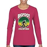 Bigfoot Stole My Weed Women's Long Sleeve T-Shirt Funny Marijuana Smoking Sasquatch 420 IV XX Pot Leaf Stoned Yeti Cannabis Hot Pink X-Large