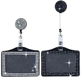 Clofiak 2Pcs Bling Horizontal ID Badge Holder, Retractable Glitter Crystal Neck Lanyard, Rhinestone Name Badges, Portable Work Badges Reel Clip for Office Business Home Black White