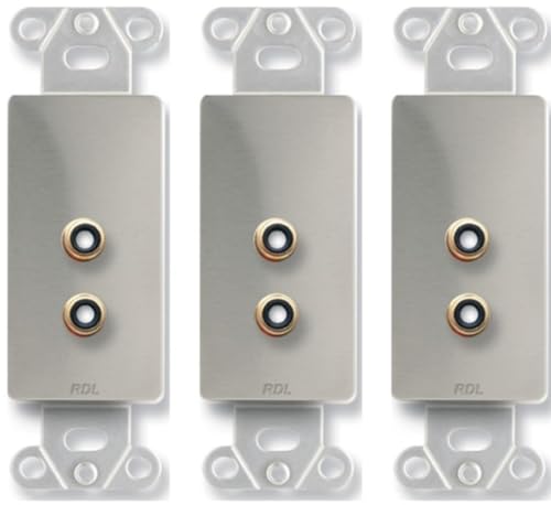 DS-PHN2 Dual RCA Jacks on Decora Wall Plate - Solder Type (Pack of 3), Stainless Steel, All-Steel Construction, Compatible with Decora-Style Mounting Accessories, Customizable Front-Panel Text