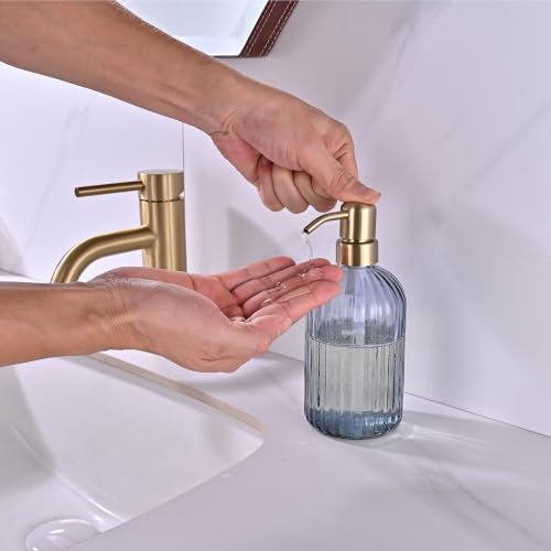 Image of 16 OZ Blue Grey Striped Glass Soap Dispenser with Brushed Gold Pump