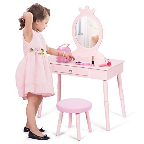 LIFEZEAL Tocador Infantil, tocador de Madera con Taburete y Espejo, Mesa de Maquillaje con cajón para niñas, 70 x 34 x 100 cm (Rosa)