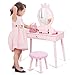 Costzon Kids Vanity Set, Wooden Princess Makeup Table with Cushioned Stool, Large Drawer, Solid Wooden Legs and Crown Mirror, Pretend Beauty Make Up Dressing Play Set for Girls Best Gift (Pink)