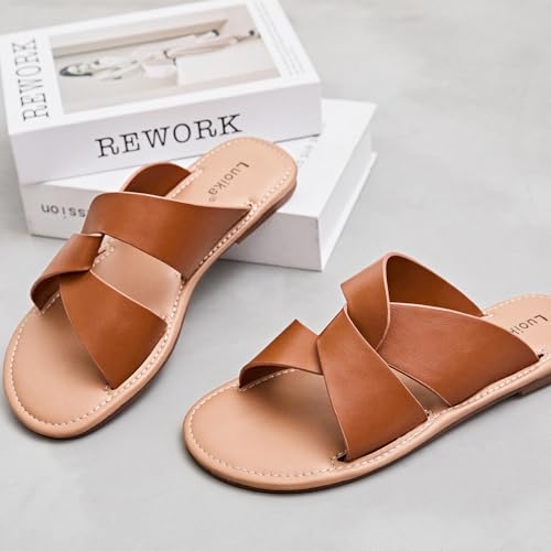 Image of Luoika Women's Wide Width Flat Slides Sandals, Strapy Slide Sandal Slip on Dressy Summer Shoes for Women.