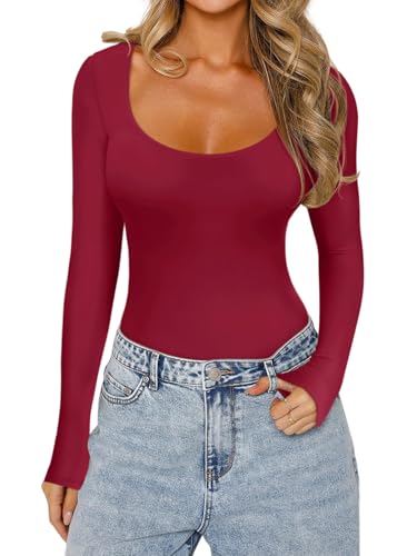 REORIA Womens Fall Outfits Basic Scoop Neck Long Sleeve Leotards Fashion Sexy Double Lined Layering Slim Body Suit Tops Plus Size Emboldened X-Large — view 2