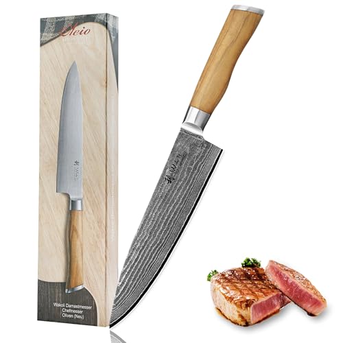 Wakoli Olive Kochmesser aus echtem Damaststahl (VG10 Kern) mit 20 cm Klinge – Scharf & ausbalanciert – Damastmesser mit Olivenholzgriff in Geschenkbox – Damast Küchenmesser für Profi- & Hobbyköche