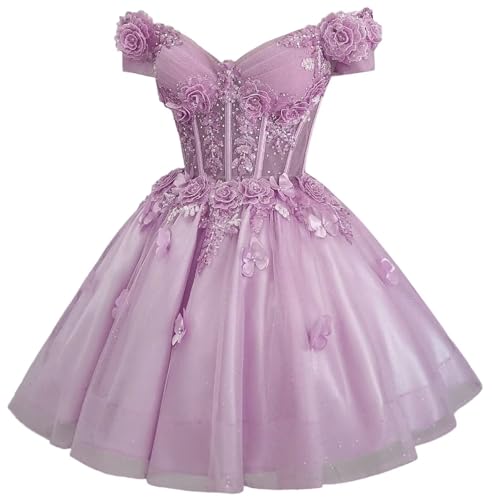 Image of Zhangyo Sparkly Tulle Homecoming Dresses for Teens Off Shoulder DAMA Dress | Sparkly Tulle Homecoming Dresses, for Teens, Off Shoulder DAMA Dresses for Quinceanera, 3D Butterfly Short Ball Gown
