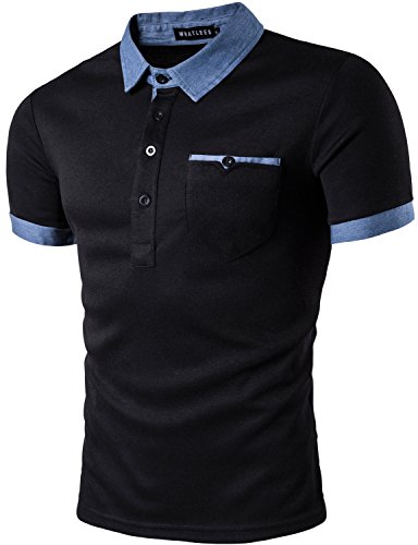 WHATLEES Mens Hipster Casual Slim Fit Basic Polo Shirts Short Sleeve with Pocket/Tops T31-Black Large