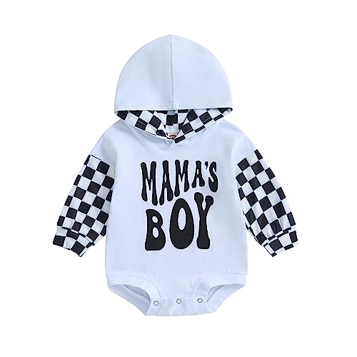 Image of xiqaalombvt Mamas Boy Infant Baby Fall Clothes Hoodie Pullover Sweatshirt Romper Color Block Long Sleeve Romper Outfit (Mamas Boy Black Checkered, 3-6 Months)