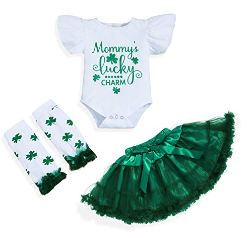 Baby Girl St.Patrick's Day Outfits Infant Letter Print Shamrock Ruffle Romper+Tutu Skirt+Leg Socks Clothes (White, 6-12 Months)