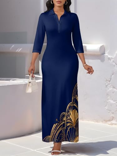 Image of PinkPatty Women's Casual 3 /4 Sleeve Polo V Neck Bodycon Maxi Dress