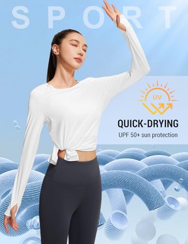 Image of Venzina Women's Long Sleeve Yoga Top with UPF 50 Sun Protection | Quick-Dry Shirt with Thumbholes & Asymmetrical Knotted Hem |Running, Dance, Exercise