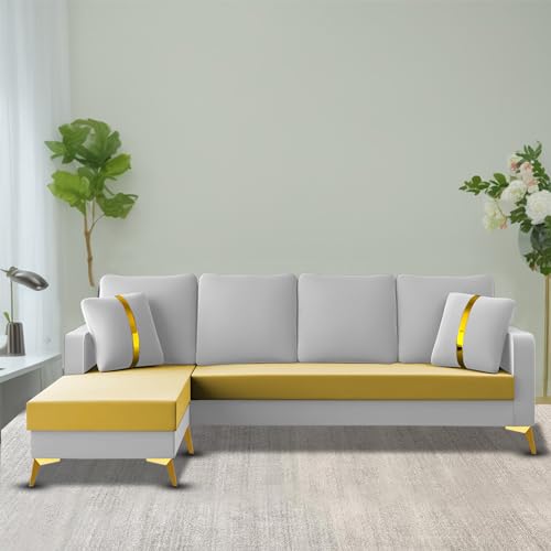 Image of Casaliving Mandis LHS 4 Seater L Shape Sofa Set for Living Room (Yellow Grey Fabric) Premium Fabric Sofa