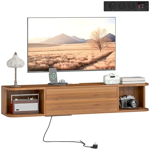 HOMCOM Mobile TV Sospeso, Mobile Porta TV Fino a 50" con Prese di Corrente, USB e Tipo C, Cassetto Scorrevole, Ripiani Aperti e Fori Passacavi, per Soggiorno, Camera da Letto, 120x24x22.4 cm, Noce