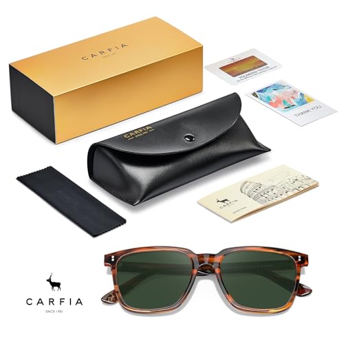 CARFIA Retro Square Polarized Sunglasses — Brown Striped Acetate, Green Lenses — view 8