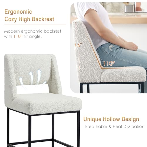 Image of Zesthouse Counter Height Stools Set of 4, Upholstered Boucle Fabric Barstools with Backs, 26 inch Modern Bar Chairs for Kitchen Island, Counter Height Chairs with Extra Thick Cushion & Metal Legs, White